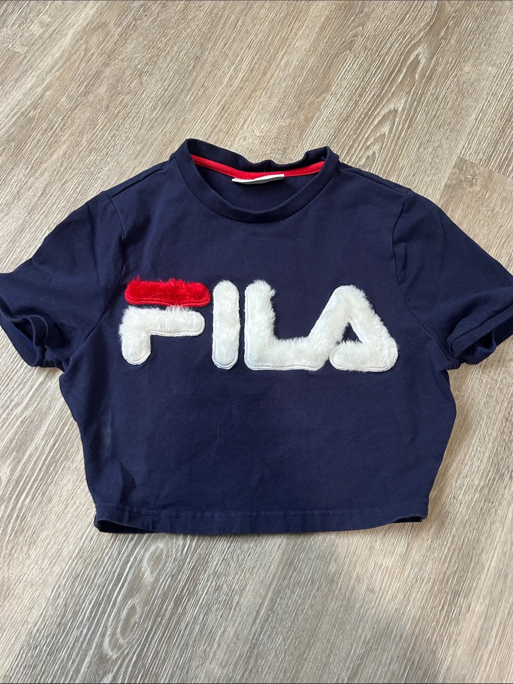 Fila Navy Crop Tee with White and Red Fuzzy Logo